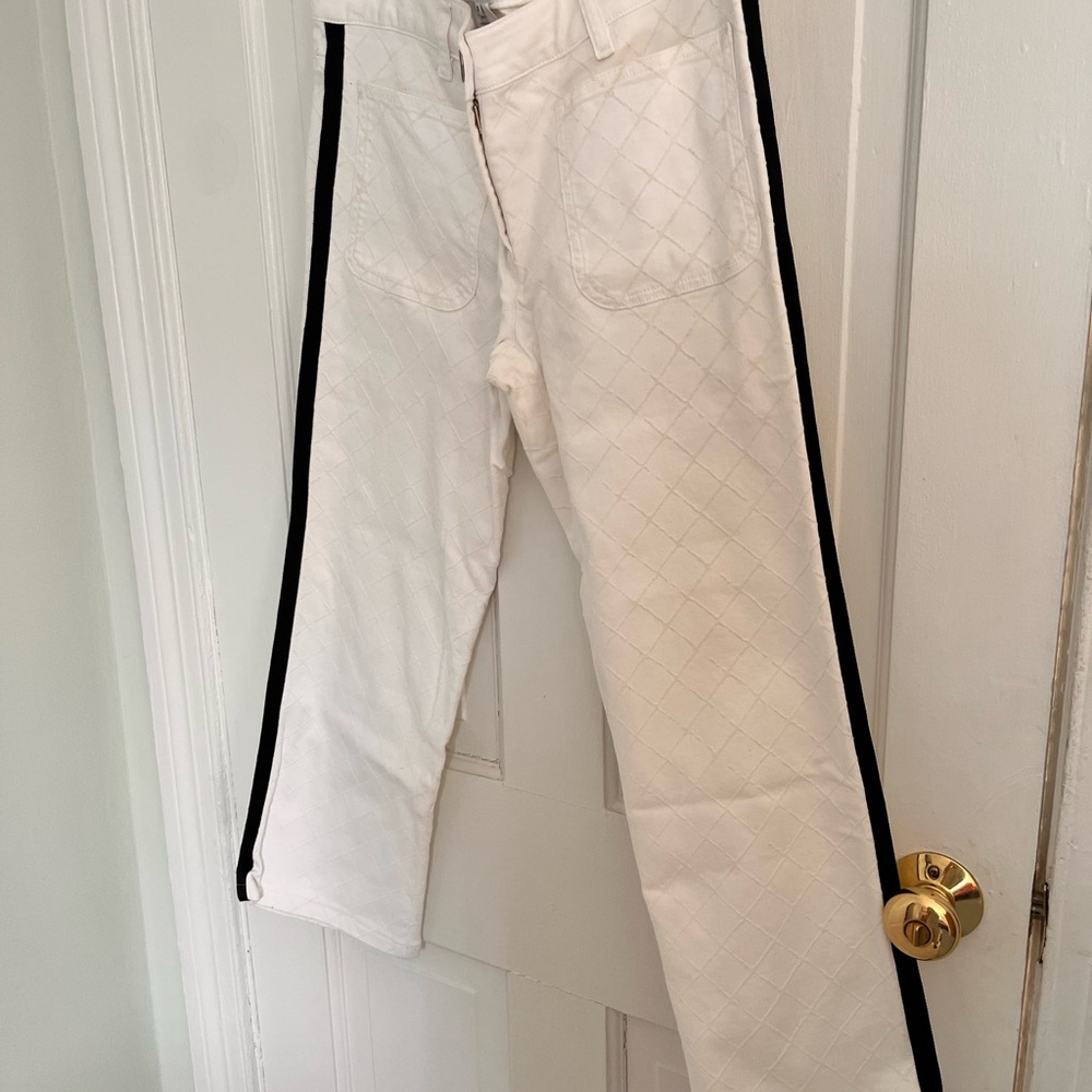 Chanel White Quilted denim Pants with Black Stripe cropped